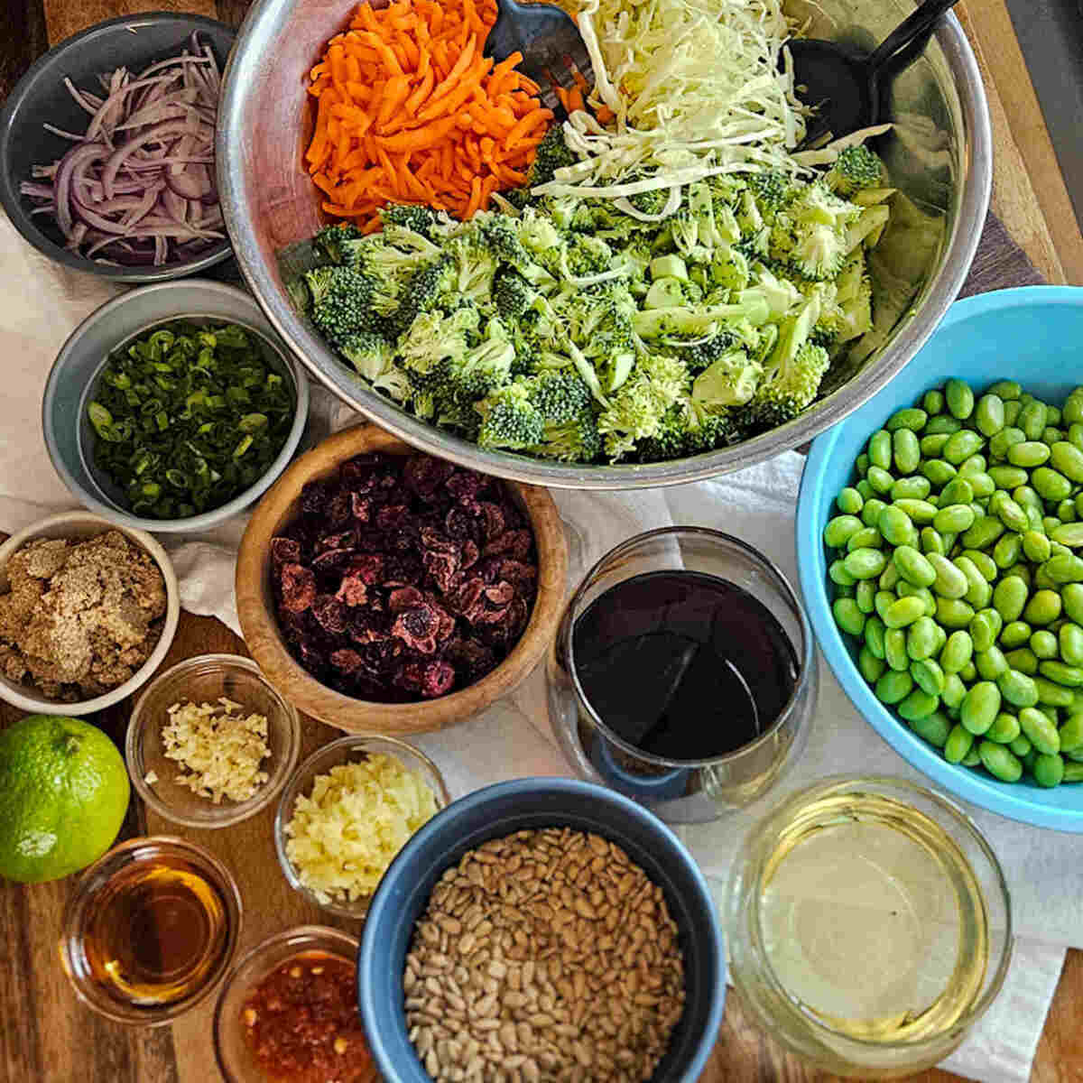 All of the ingredients for the easy Asian broccoli crunch salad measured out.